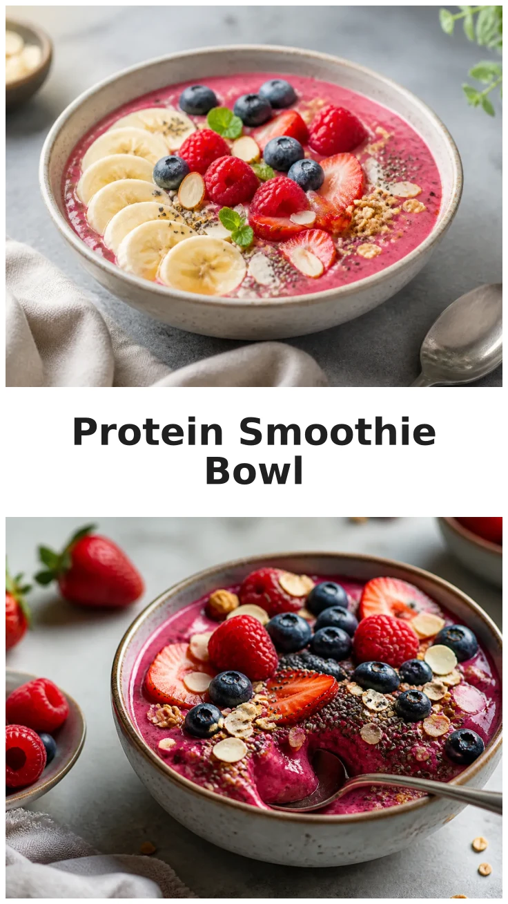 Cremige Protein Smoothie Bowl mit frischen Toppings für dein Frühstück Cremige Protein Smoothie Bowl mit frischen Toppings für dein Frühstück